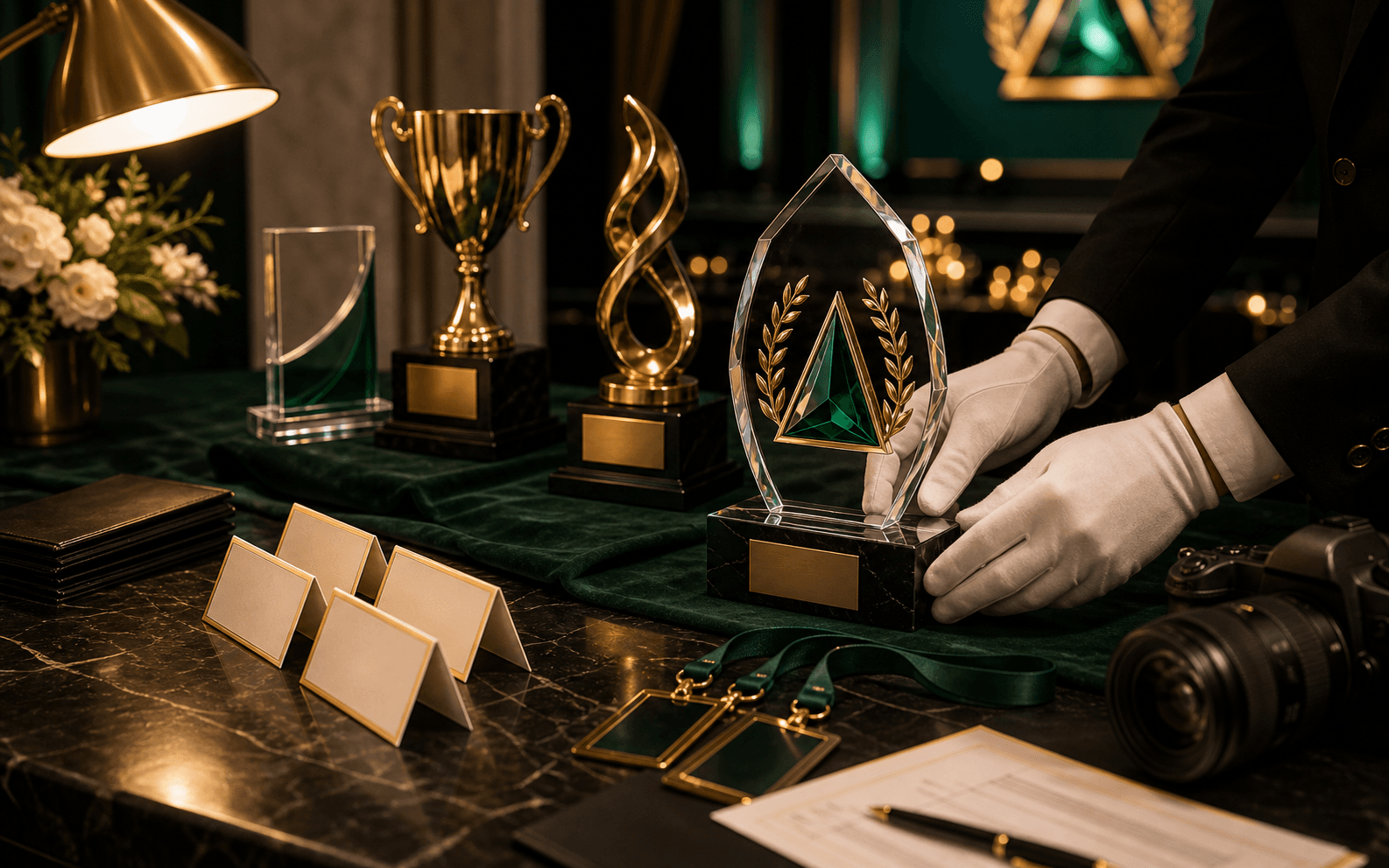 Award trophies, certificates, and recognition pieces prepared before a ceremony