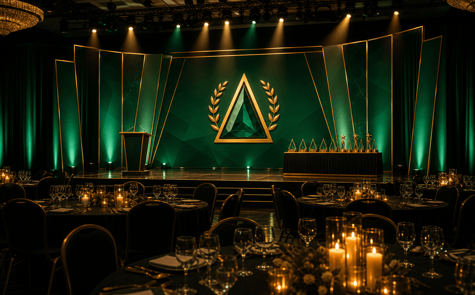 Emerald award show stage with lights